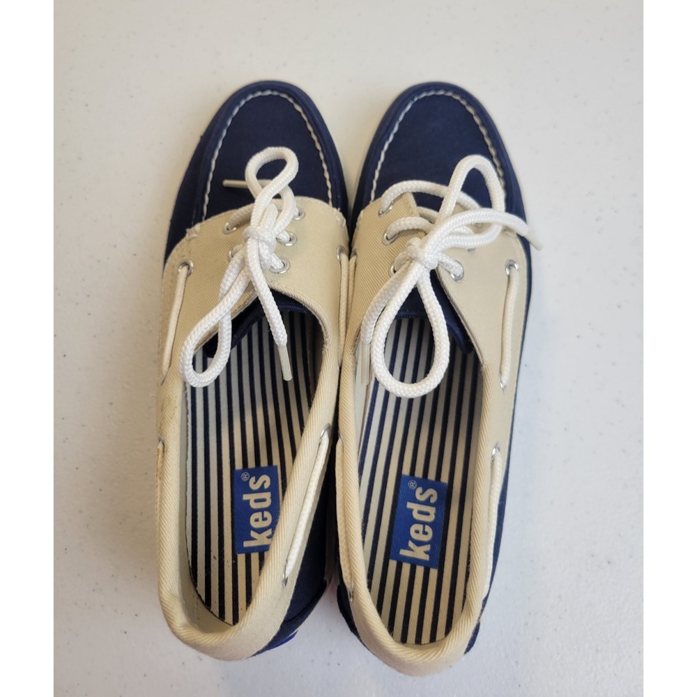 Vtg Keds Club Boater Nautical Canvas‎ Boat Shoes Navy Oyster Blue Women Size 6.5